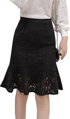 Kisidoo Women's Elegant Vintage Office Stretch Knee Length Pencil Fishtail Lace Bodycon Skirt - High Waist Fishtail Skirt Black