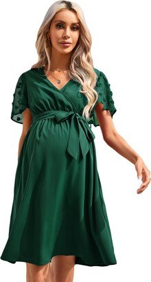 FUNJULY Women Maternity Swiss Dot Short Sleeve V Neck Summer Wrap Midi Dress Casual Nursing Dress Baby Shower Photoshoot Belt Dark Green-v S