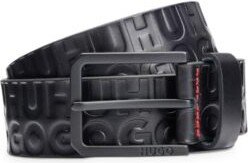 Leather belt with embossed stacked logos