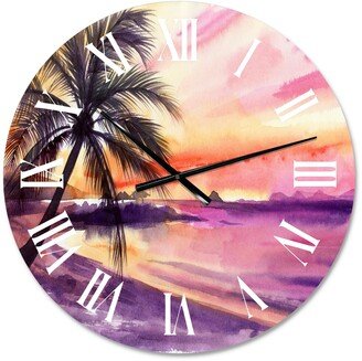 Designart 'Pink and Purple Palm Beach Sunset' Nautical & Coastal wall clock