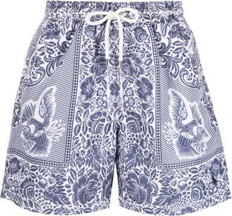 Logo-Patch Graphic-Print Swim Shorts