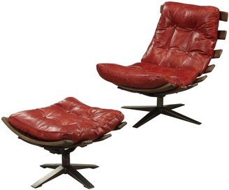 ACME Gandy 2-piece Chair and Ottoman Set in Antique Red and Brown