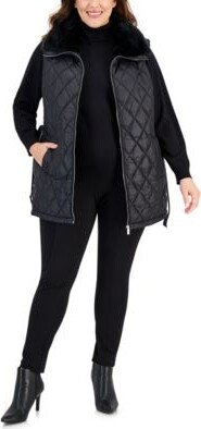 Size Faux Fur Trimmed Quilted Puffer Vest Turtleneck Pull On Skinny Compression Pants