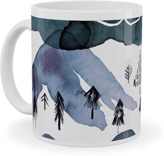 Mugs: Watercolor Mountains Landscape - Blue Ceramic Mug, White, 11Oz, Blue