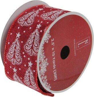 Northlight Cranberry Red and White Trees Burlap Wired Christmas Craft Ribbon 2.5