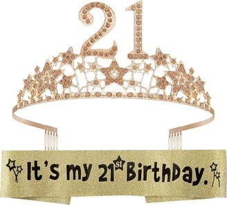Meant2tobe 21st Birthday Sash and Tiara for Women - Fabulous Set: Glitter Sash + Starry Sky Rhinestone Gold Premium Metal Tiara for Women, 21st Birthday Gifts fo