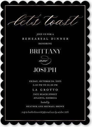 Rehearsal Dinner Invitations: Elegantly Engaged Rehearsal Dinner Invitation, Black, 5X7, Pearl Shimmer Cardstock, Scallop