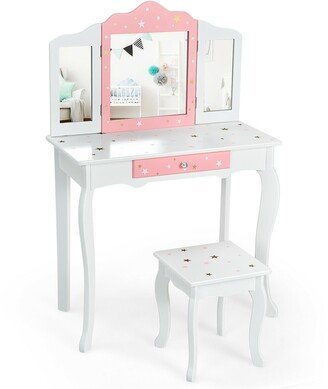 Kids Vanity Princess Makeup Dressing Table Chair Set with Tri-folding Mirror - 27.5 x 13.5 x 41