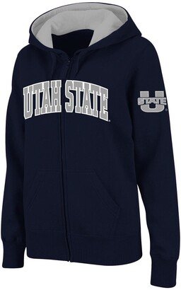 Women's Stadium Athletic Navy Utah State Aggies Arched Name Full-Zip Hoodie