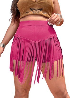 SOLY HUX Women's Plus Size Elastic High Waisted Fringe Tassel Solid Straight Leg Skinny Shorts Pure Hot Pink 2XL