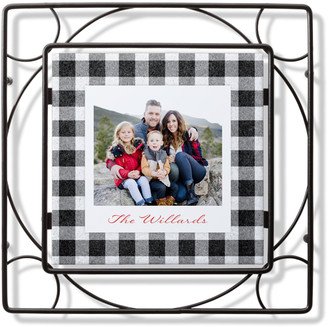 Trivets: Gingham Trio Collage Trivet, Ceramic, Black