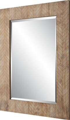 39 Inch Wood Frame Wall Mirror, Chevron Design, Brown