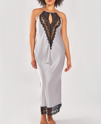 Plus Size Silky Stretch Satin Halter Nightgown - Silver, Black