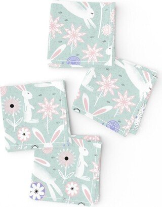 Pastel Bunnies Cocktail Napkins | Set Of 4 - Peaceful Bunny World By Artep Pink White Girls Home Decor Cloth Spoonflower