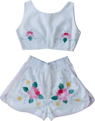 Sugar Cream Vintage Vintage Hand Embroidered Crop Top & Shorts Set In Vibrant Floral Print