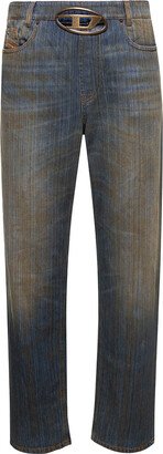 Light Blue Straight Jeans With Metal Logo And Used Effect In Cotton Denim Man