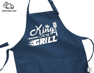 King Of The Grill. Personalized Men's Pocketed Apron, Great Gift Idea For Dad's/Grandpa's Birthday Party With Custom Name Barbecue Lovers