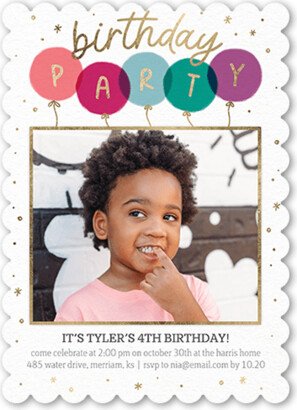 Boy Birthday Invitations: Poppin Party Birthday Invitation, Pink, 5X7, Pearl Shimmer Cardstock, Scallop