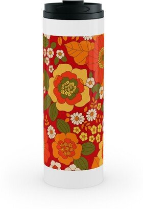 Travel Mugs: Vintage Flora - Red Stainless Mug, White, 16Oz, Orange