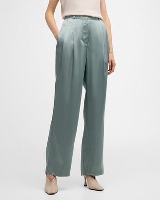 Ross Pleated Satin Wide-Leg Pants