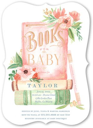 Baby Shower Invitations: Stacked Books Baby Shower Invitation, Pink, 5X7, Pearl Shimmer Cardstock, Bracket