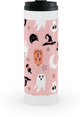 Travel Mugs: Sweet Halloween Pumpkin, Witch, Ghost, Cat Stainless Mug, White, 16Oz, Pink