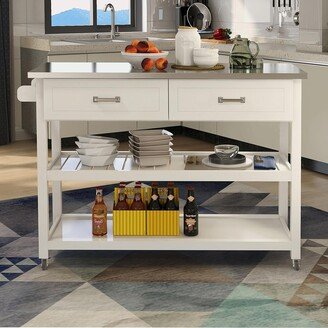 BEYONDHOME White Kitchen Cart with Stainless Steel Tabletop and Two Drawers