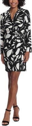 Petite Printed Point-Collar Faux-Wrap Dress - Black/White