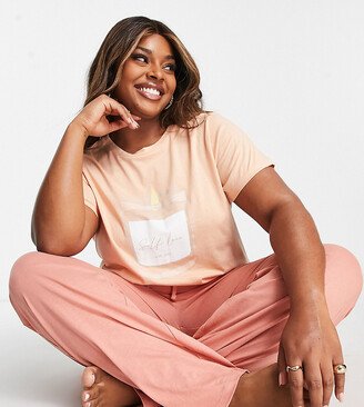 Plus self love candle slim fit pants pajama set in light pink and blush