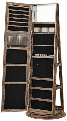 360° Swivel Jewelry Cabinet, Lockable Jewelry Organizer with Full-Length Mirror, Rear Storage Shelves, Rustic Brown