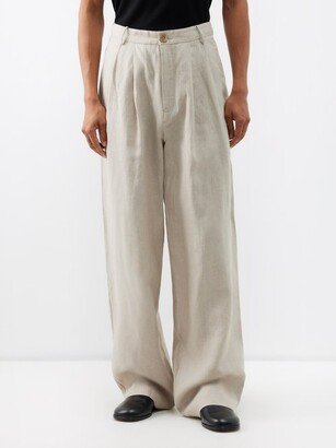 Pleated Linen Wide-leg Trousers-AA