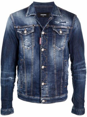 Distressed-Finish Button-Front Denim Jacket