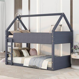 GEROJO Twin over Twin Upholstery House Low Bunk Bed with Headboard & Footboard & Widened Ladder, Strong & Durable Frame