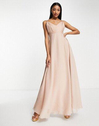 Bridesmaid cami maxi dress with ruched bodice and tie waist in blush