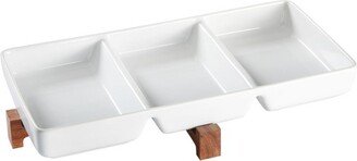 Elite Gracious Dining 2 Piece 3-Section Stoneware Tidbit Dish with Acacia Wood Stand in White