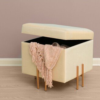 Fabulaxe Square Velvet Storage Ottoman with Gold Legs, Ivory