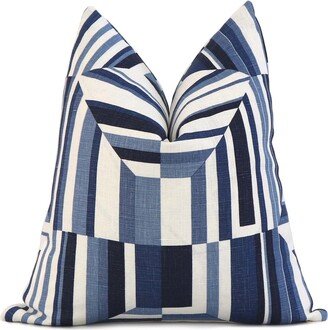 Thibaut Cubism Blue White Linen Decorative Throw Pillow Cover in Geometric Modern Stripe Print For Best Living Room Couch Home Decor Style