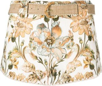 Floral-Print Belted Mini Shorts