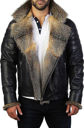 Genuine Fox Fur Trim Leather Destroyer Jacket