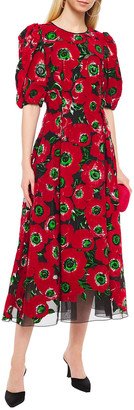 Pleated floral-print flocked organza midi dress