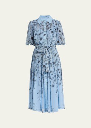 Floral-Print Puff-Sleeve Chiffon Midi Dress