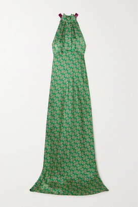 Michelle Velvet-trimmed Floral-print Hammered Silk-satin Maxi Dress - Green