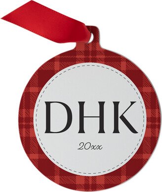 Ornaments: Family Initials Plaid Metal Ornament, Red, Circle