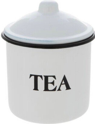 Farmhouse Metal Tea Canister, White Enamel With A Black Rim & Lettering, The Lid Has Pull, Functional, Decorative Great Gift