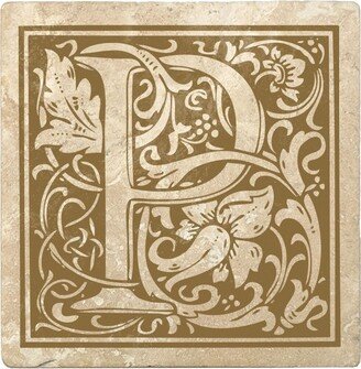 Set of 4 Ivory and Harvest Gold Alphabet P Square Monogram Coasters 4