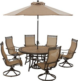 Monaco 7-Piece Outdoor Dining Set with 6 Sling Swivel Rockers, 60-in. Tile-Top Table, and 9-ft. Umbrella