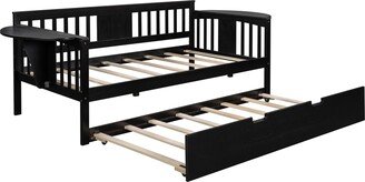 IGEMAN Twin Size Wood Daybed with Trundle & 2 Side Table Shelf for Small Bedroom City Aprtment Dorm