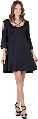 24seven Comfort Apparel Knee Cold Shoulder Womens Dress-BLACK-M