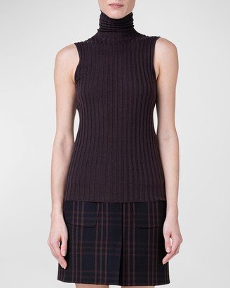 Turtleneck Sleeveless Wide-Rib Wool-Silk Top