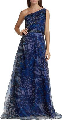 Butterfly-Print Organza One-Shoulder Gown